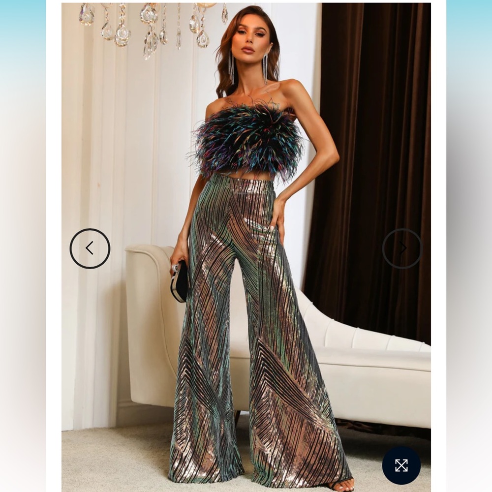 Sparkly 70s Disco Studio 54 Outfits Feather Sequin Jumpsuit 2 Piece Sets